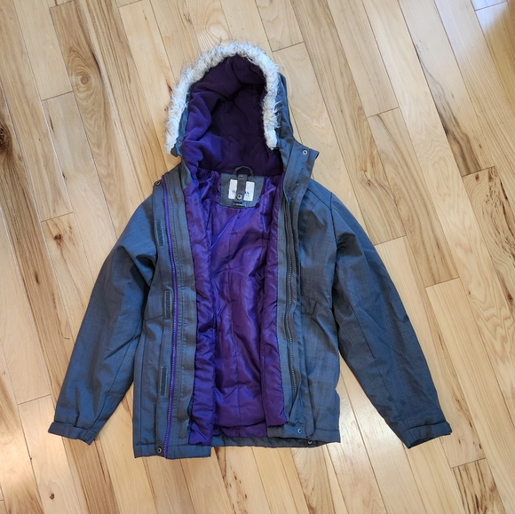 Magellan Outdoors Girl's Hooded Parka Coat Jacket Gray Purple Trim Size L - Picture 6 of 7